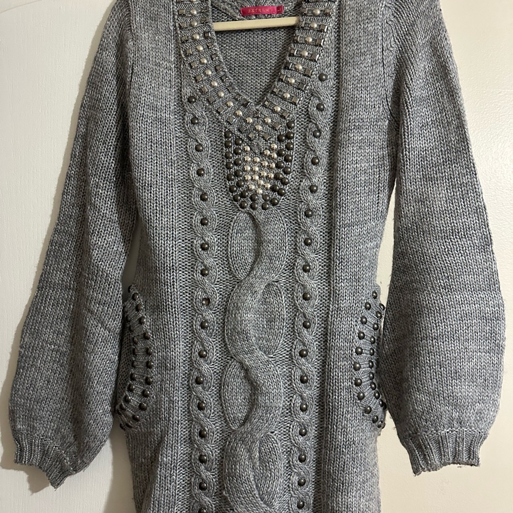 Gray Knit Sweater with Studded Details